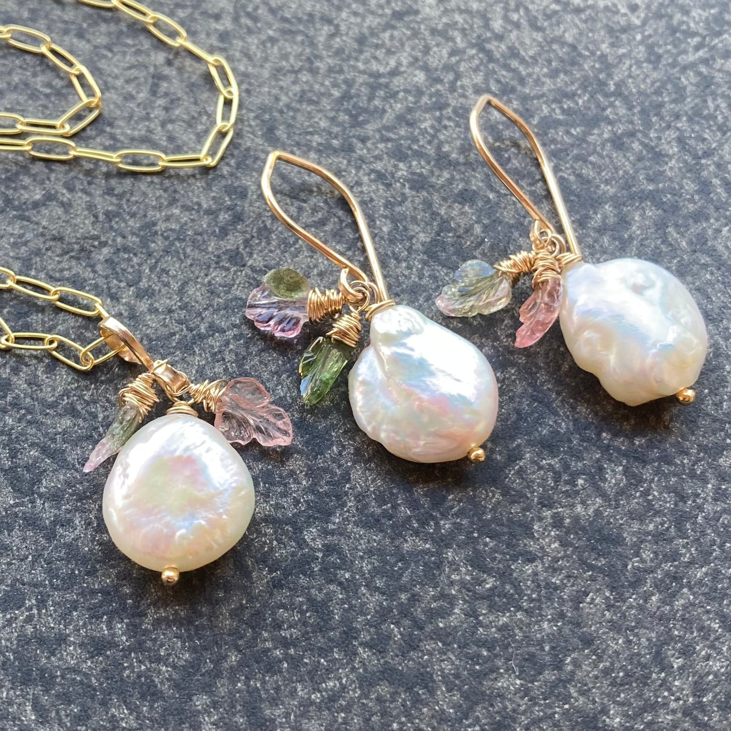 Freshwater Pearl, Watermelon Tourmaline & Gold Leaf Necklace