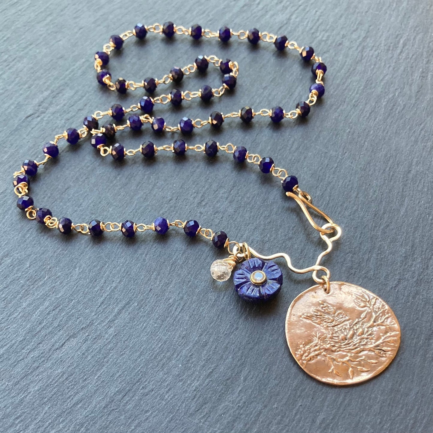 Sodalite, Gold & Bronze Fledgling Coin Charm Necklace