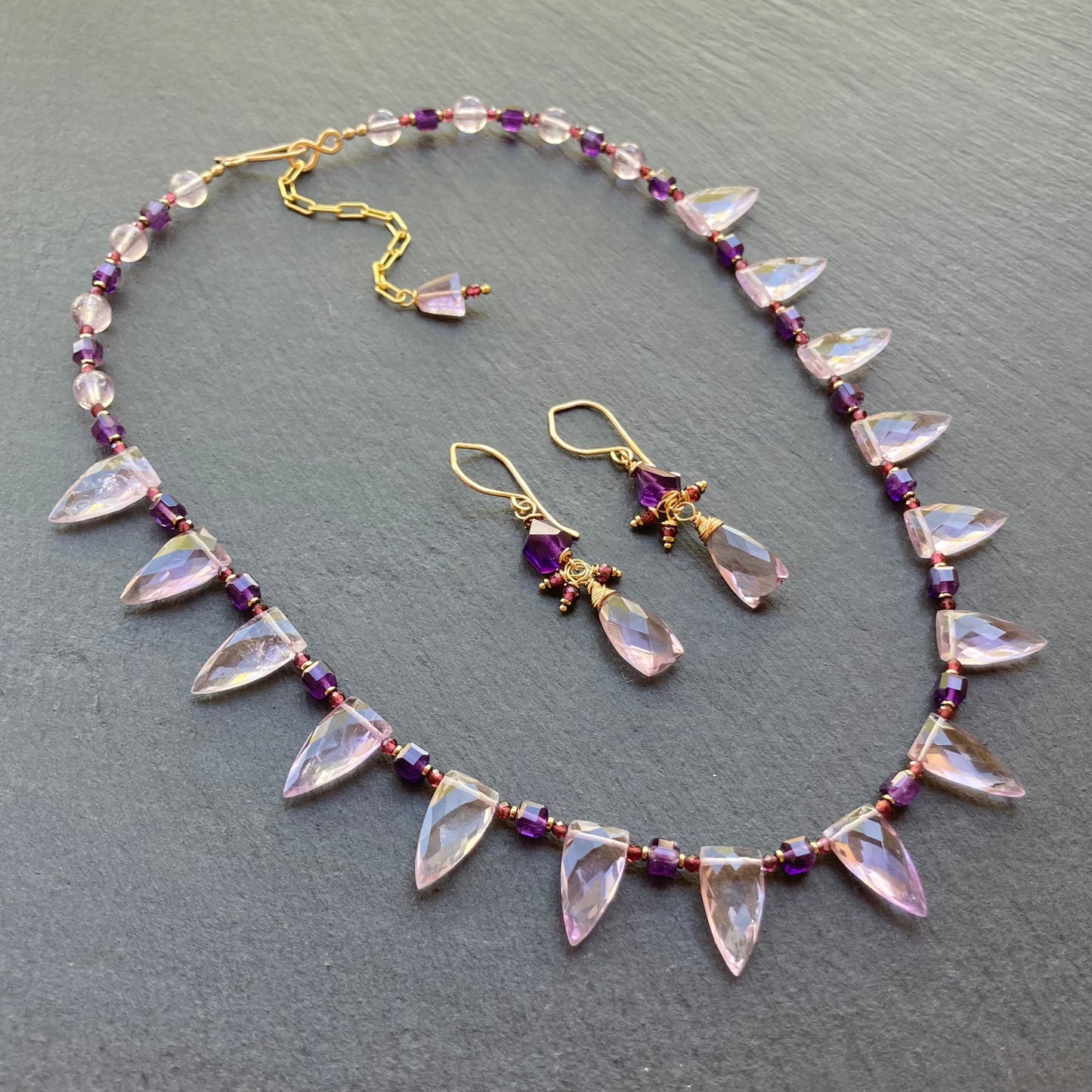 Amethyst, Rhodolite Garnet & Gold Spearhead Collar