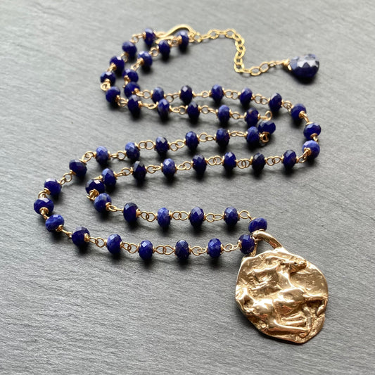 Sodalite, Gold & Bronze Horse Coin Necklace
