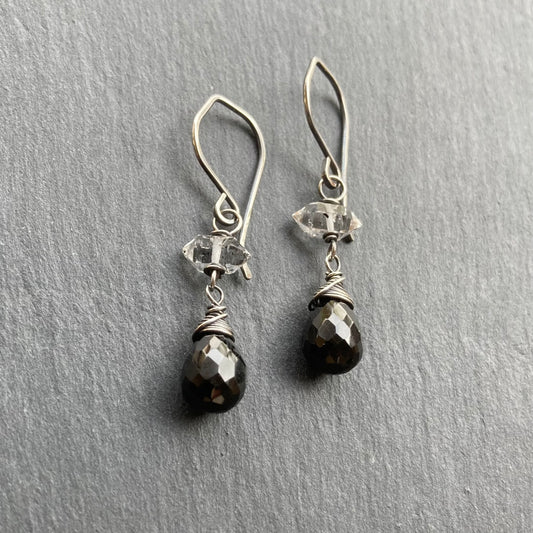 Black Onyx, Herkimer Diamond & Sterling Silver Earrings