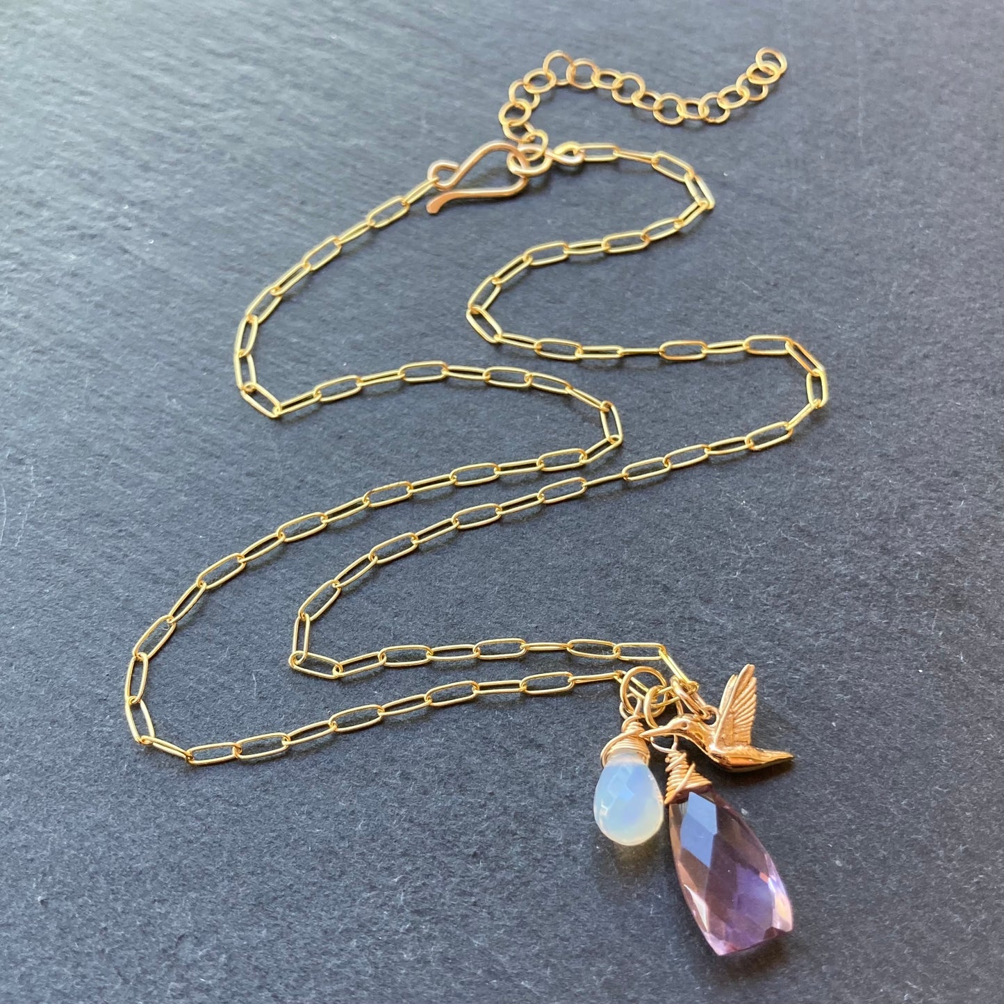 Pink Amethyst, Ethiopian Opal & Gold Hummingbird Charm Necklace