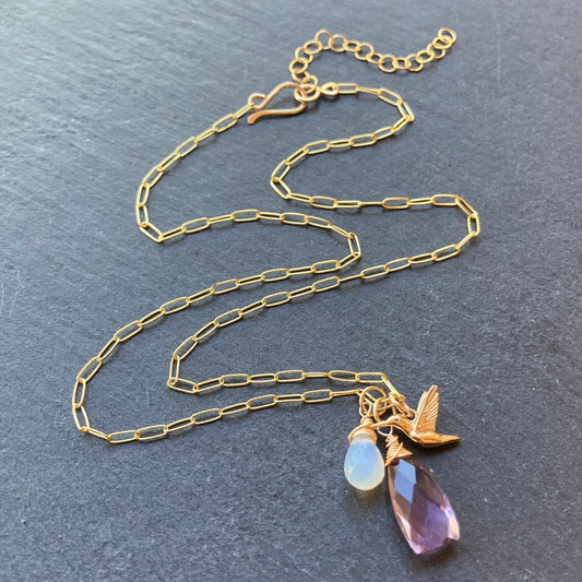 Pink Amethyst, Ethiopian Opal & Gold Hummingbird Charm Necklace