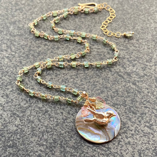 Green Apatite & Gold, Abalone & Bronze Fly Away Pendant Necklace