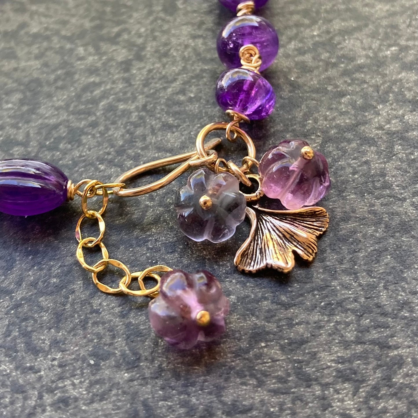 Amethyst, Fluorite, Gold & Bronze Ginkgo Flower Charm Bracelet