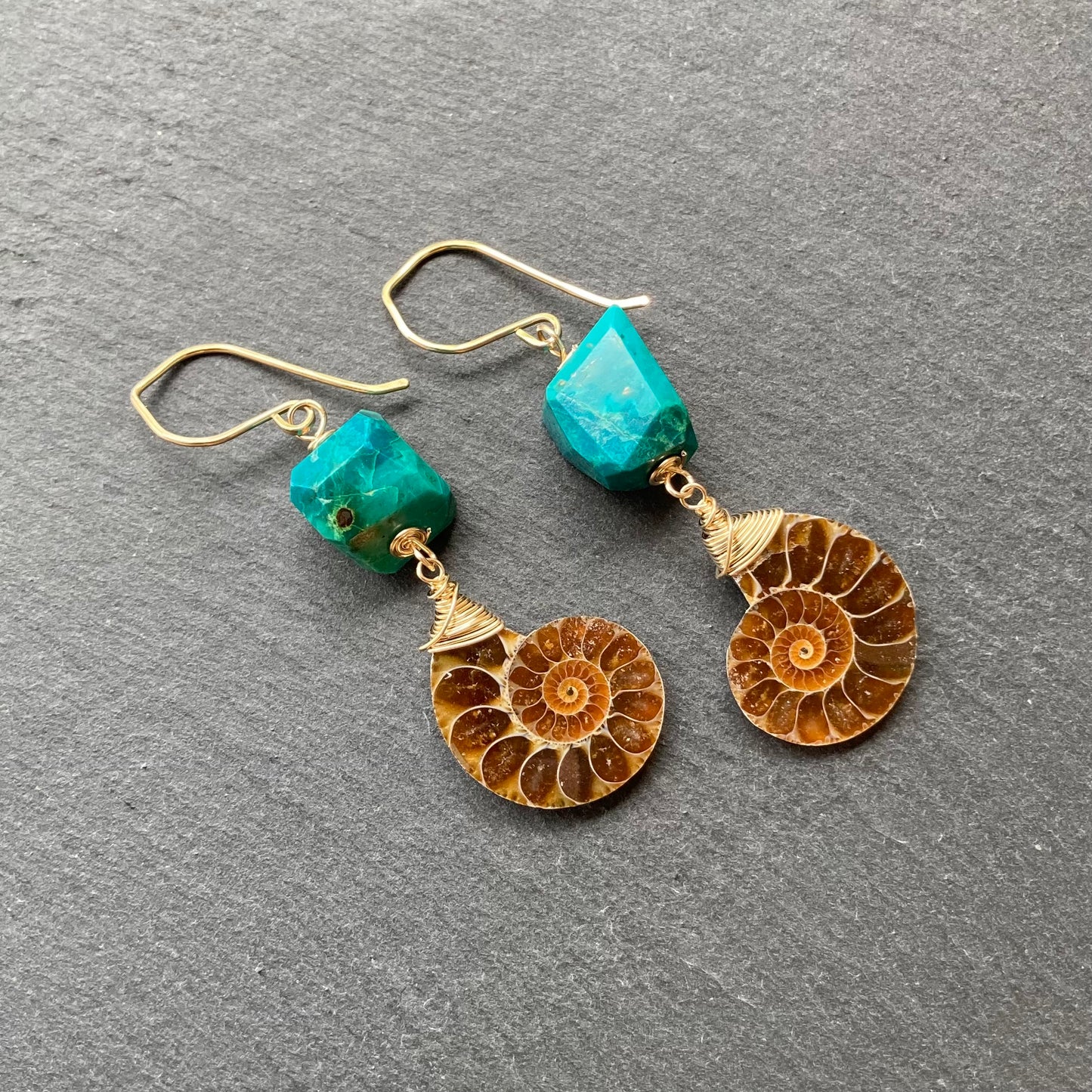 Ammonite, Chrysocolla & Gold Earrings