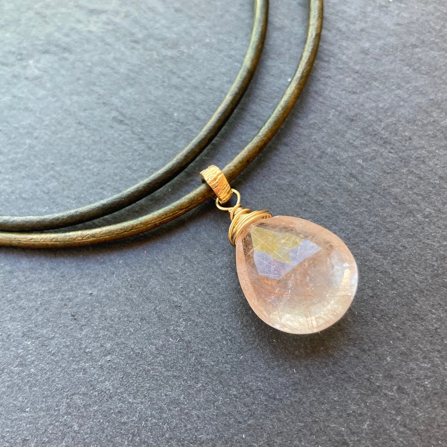 Copper Rutilated Quartz & Bronze Leather Choker