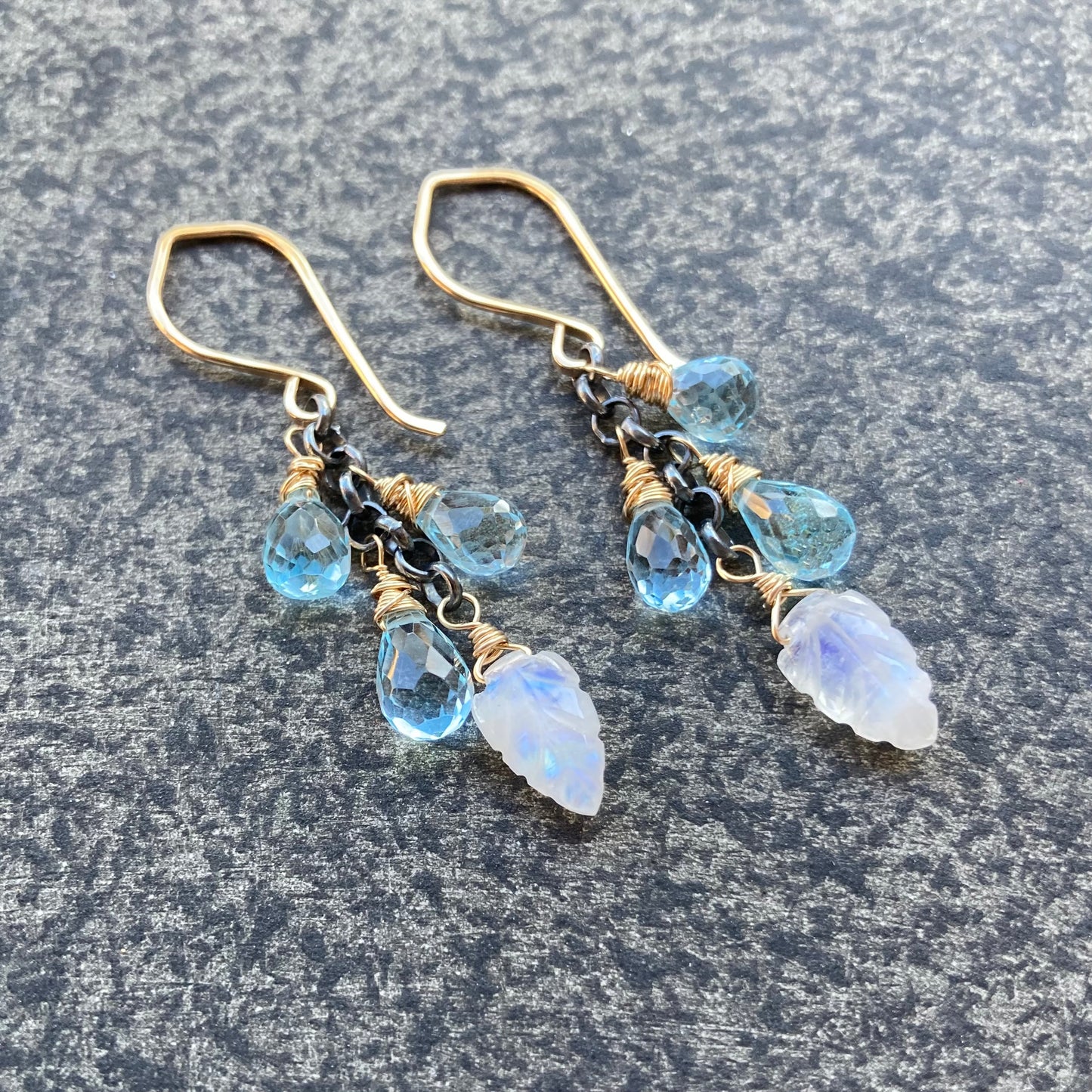 Blue Topaz, Rainbow Moonstone Leaf & Mixed Metal Cascade Earrings