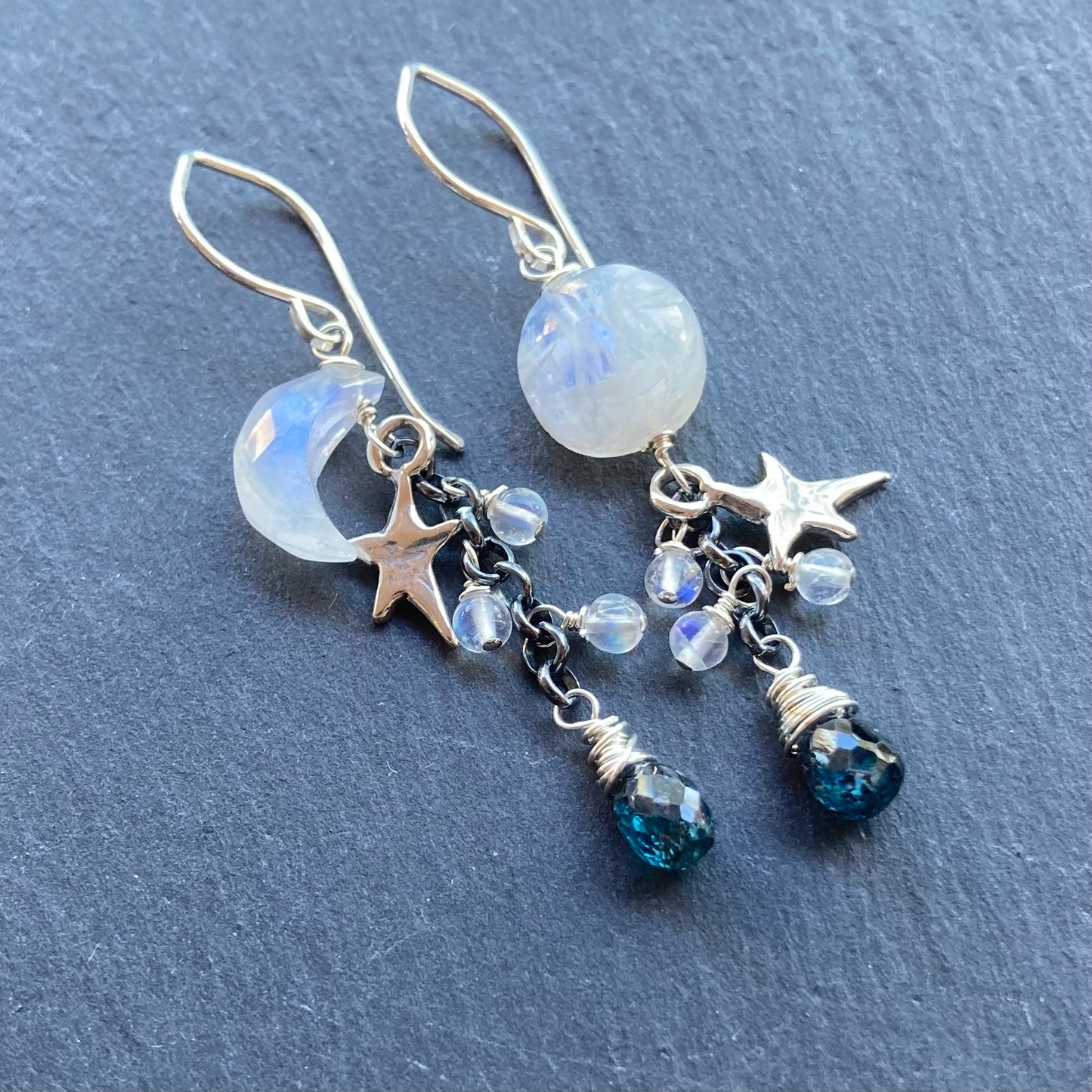 Rainbow Moonstone, Moss Kyanite & Sterling Silver Winter Solstice Earrings