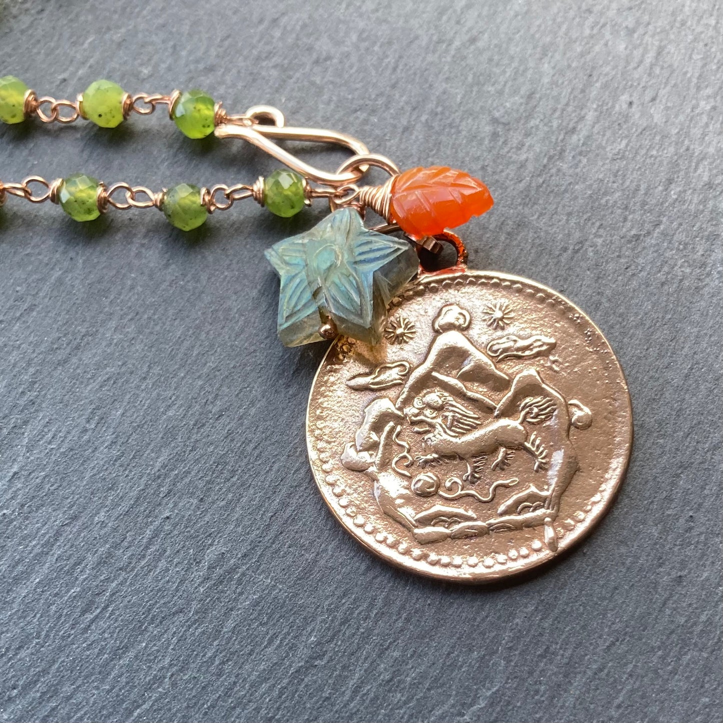 Nephrite Jade, Rose Gold & Bronze Tibetan Snow Lion Coin Necklace