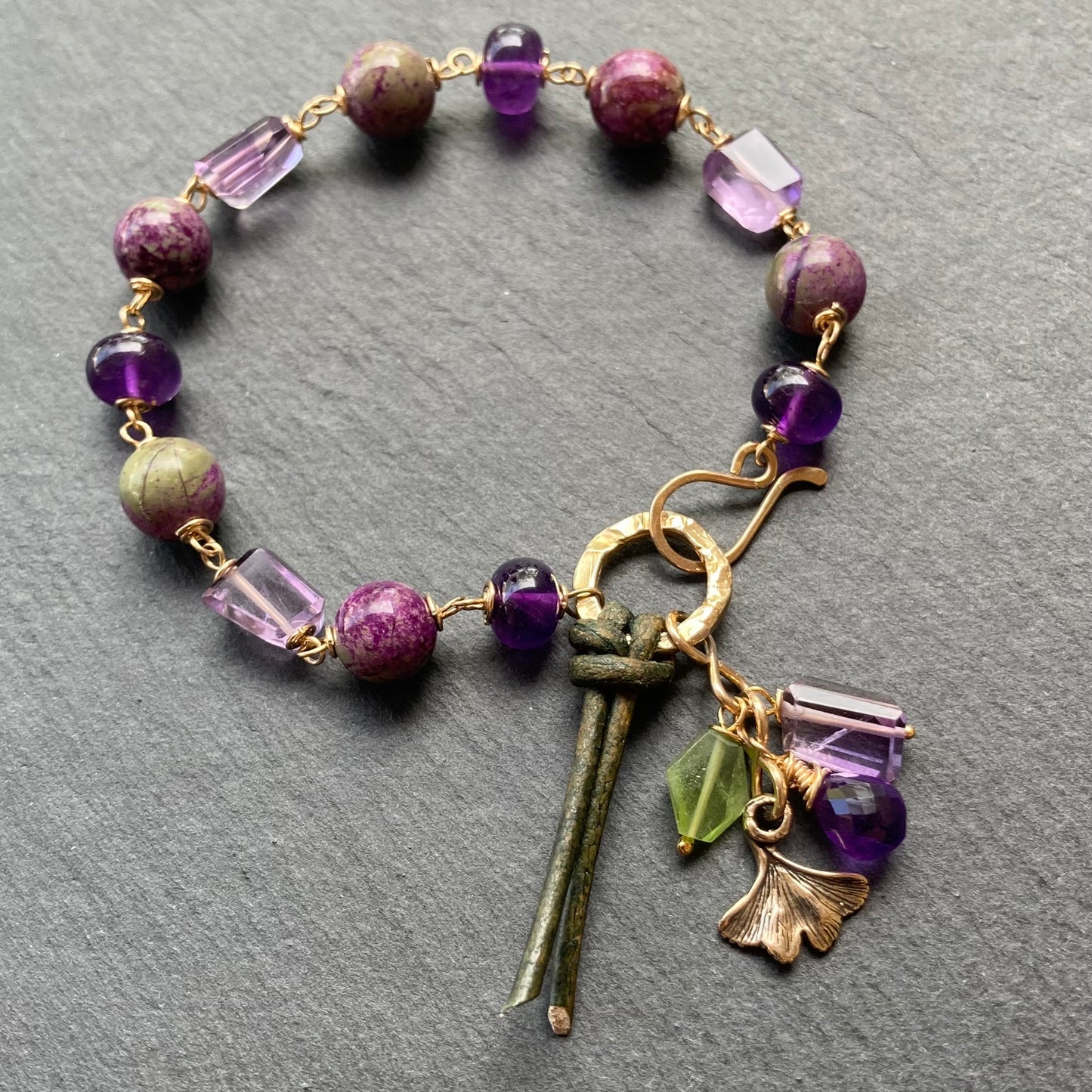 Atlantisite Stichtite, Amethyst & Gold Charm Bracelet