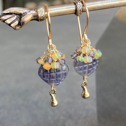 Iolite, Ethiopian Opal & Gold Cluster Earrings