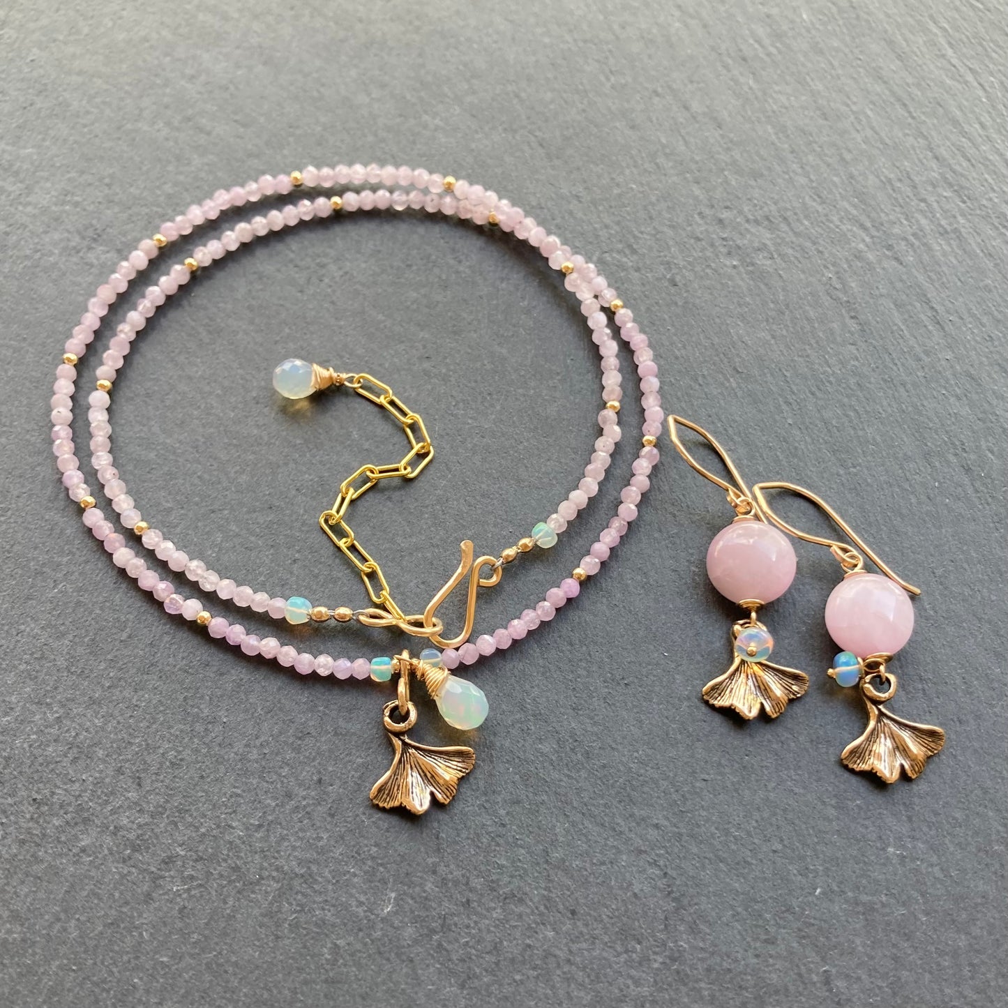 Kunzite, Gold & Bronze Ginkgo Leaf Choker