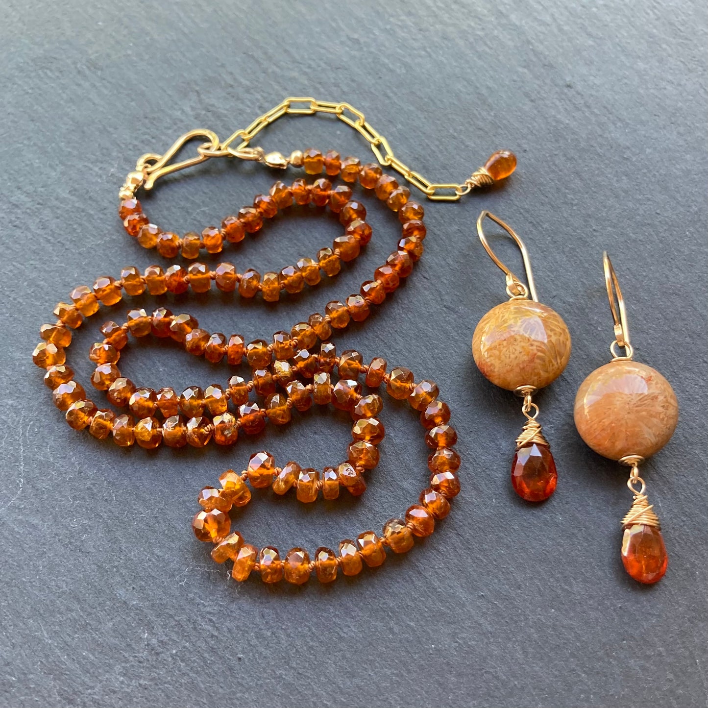 Fossil Coral, Hessonite Garnet & Gold Earrings