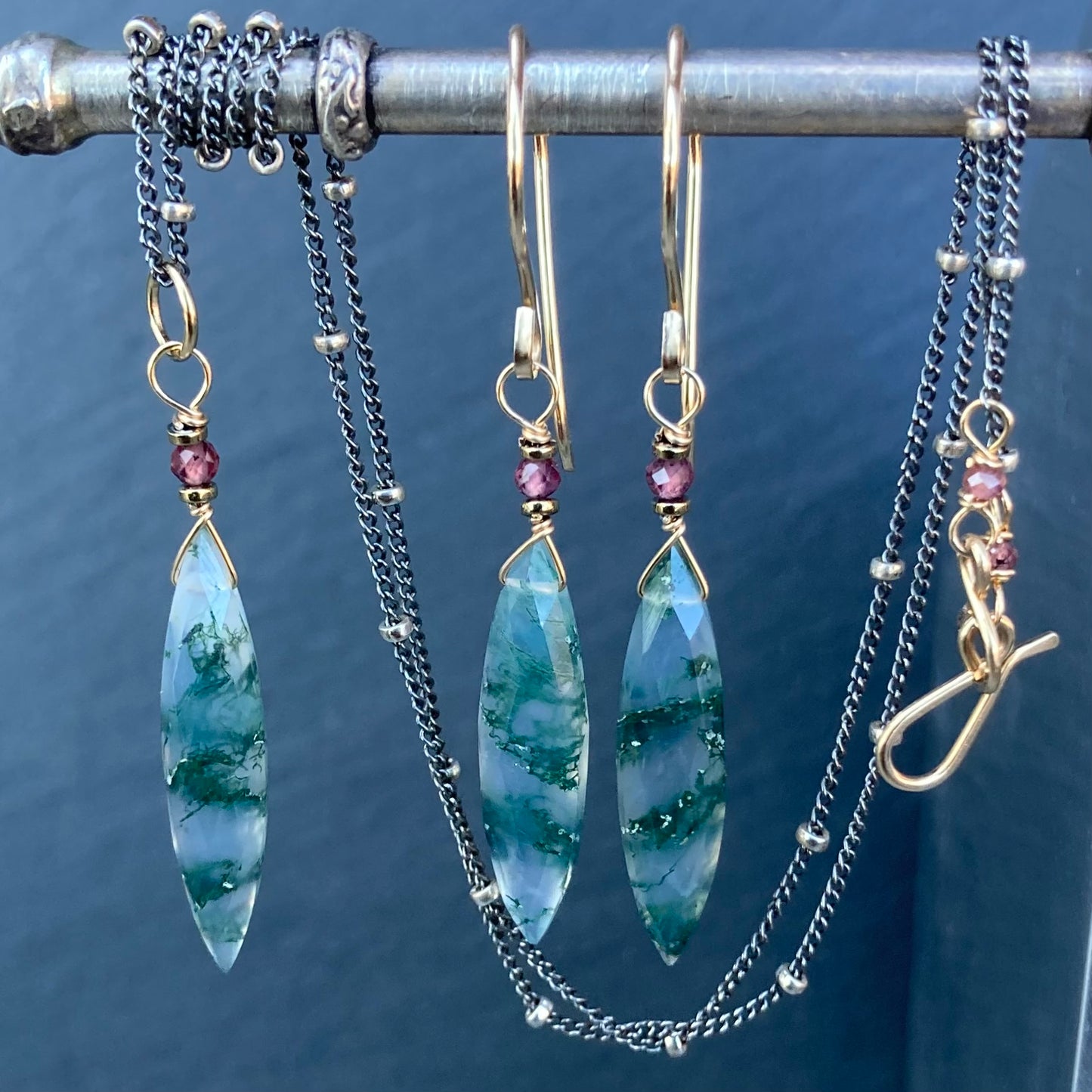 Moss Agate & Gold Marquis Earrings