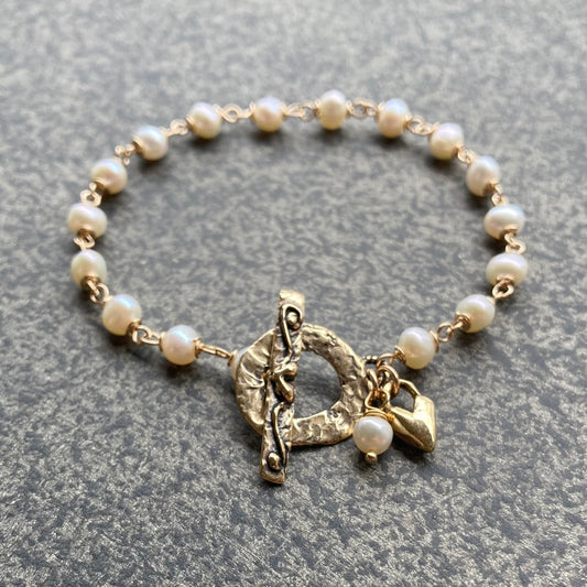 Freshwater Pearl, Gold & Bronze Heart Toggle Charm Bracelet
