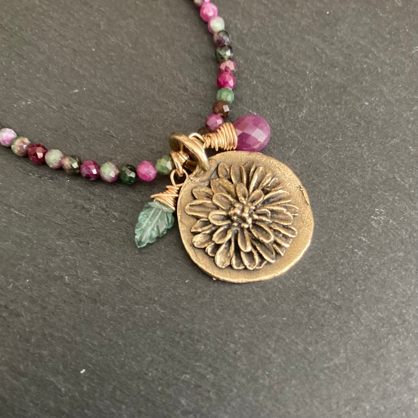 Ruby Zoisite, Gold & Bronze Mum Pendant Choker