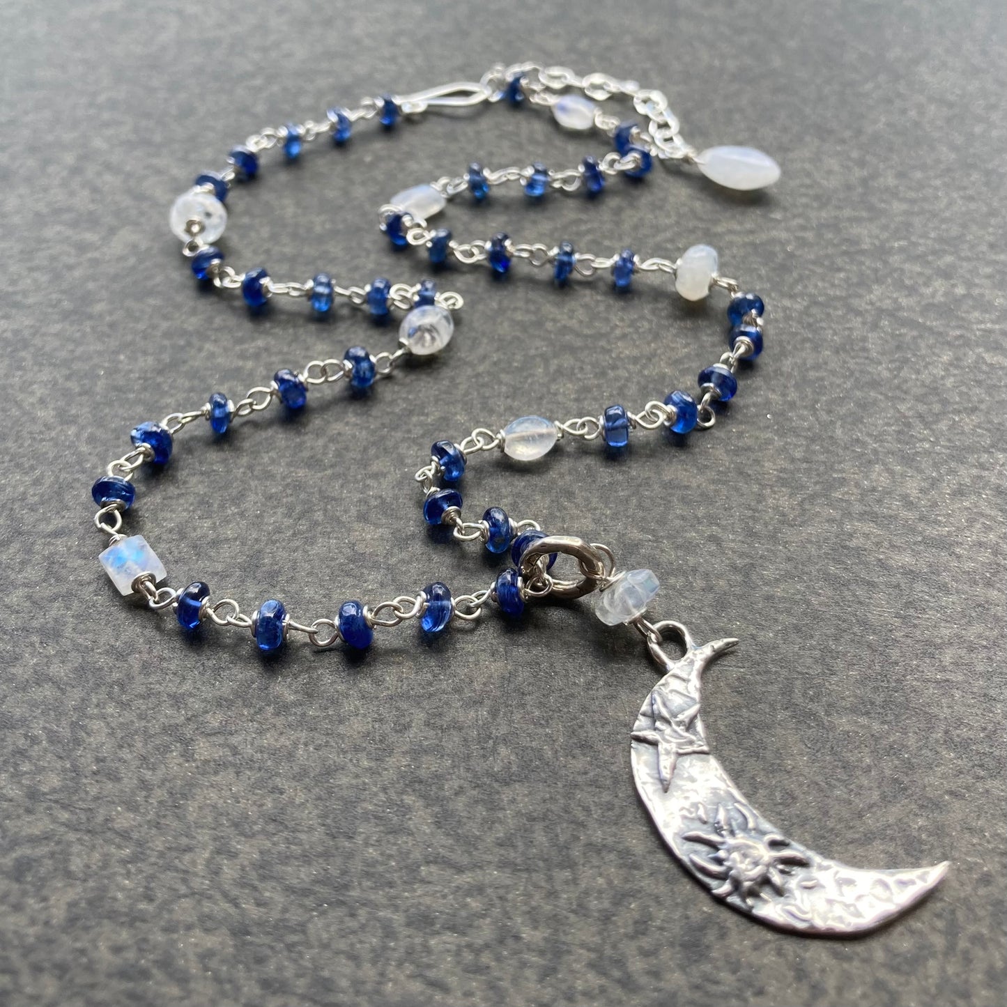 Blue Kyanite, Rainbow Moonstone & Sterling Silver Crescent Moon Necklace
