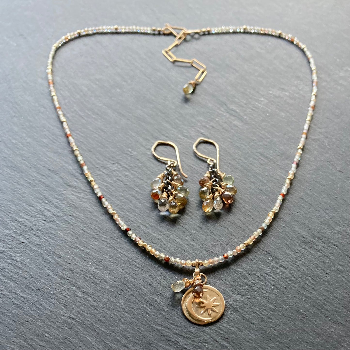 Natural Zircon, Gold & Bronze Moon Star Coin Choker