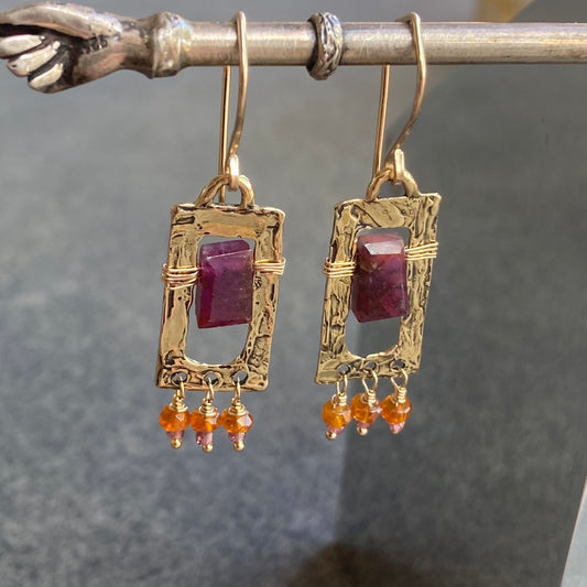 Natural African Ruby, Orange Kyanite & Bronze Rectangle Fringe Hoops