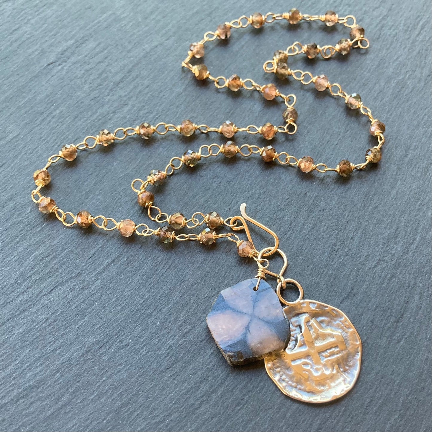 Andalusite, Chiastolite, Gold & Bronze Spanish Coin Necklace