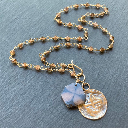 Andalusite, Chiastolite, Gold & Bronze Spanish Coin Necklace