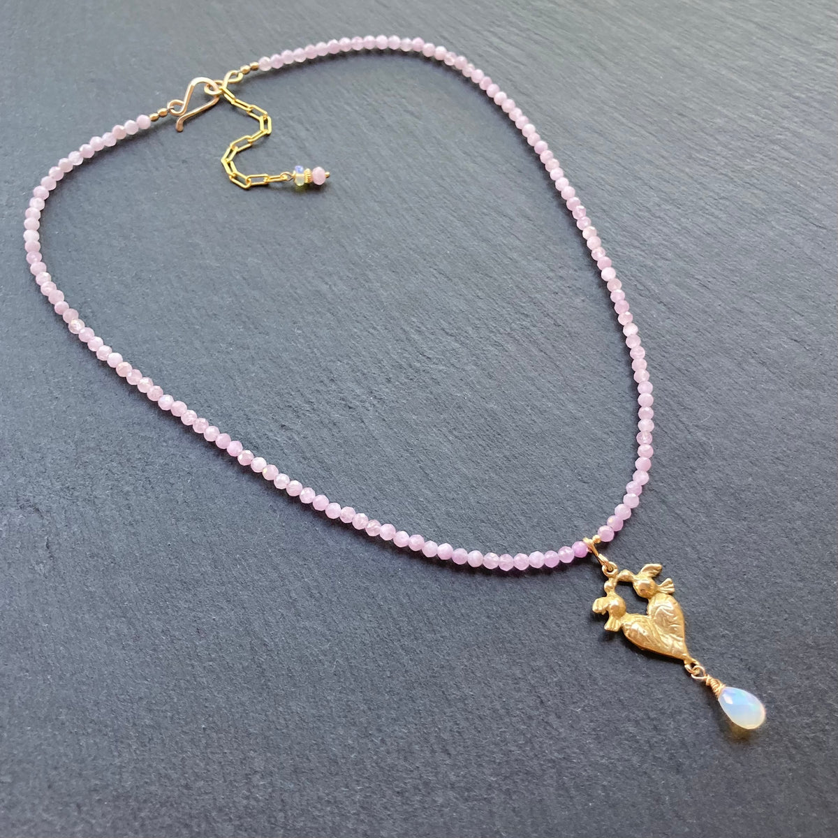 Kunzite, Ethiopian Opal, Gold & Bronze Love Birds Pendant Necklace