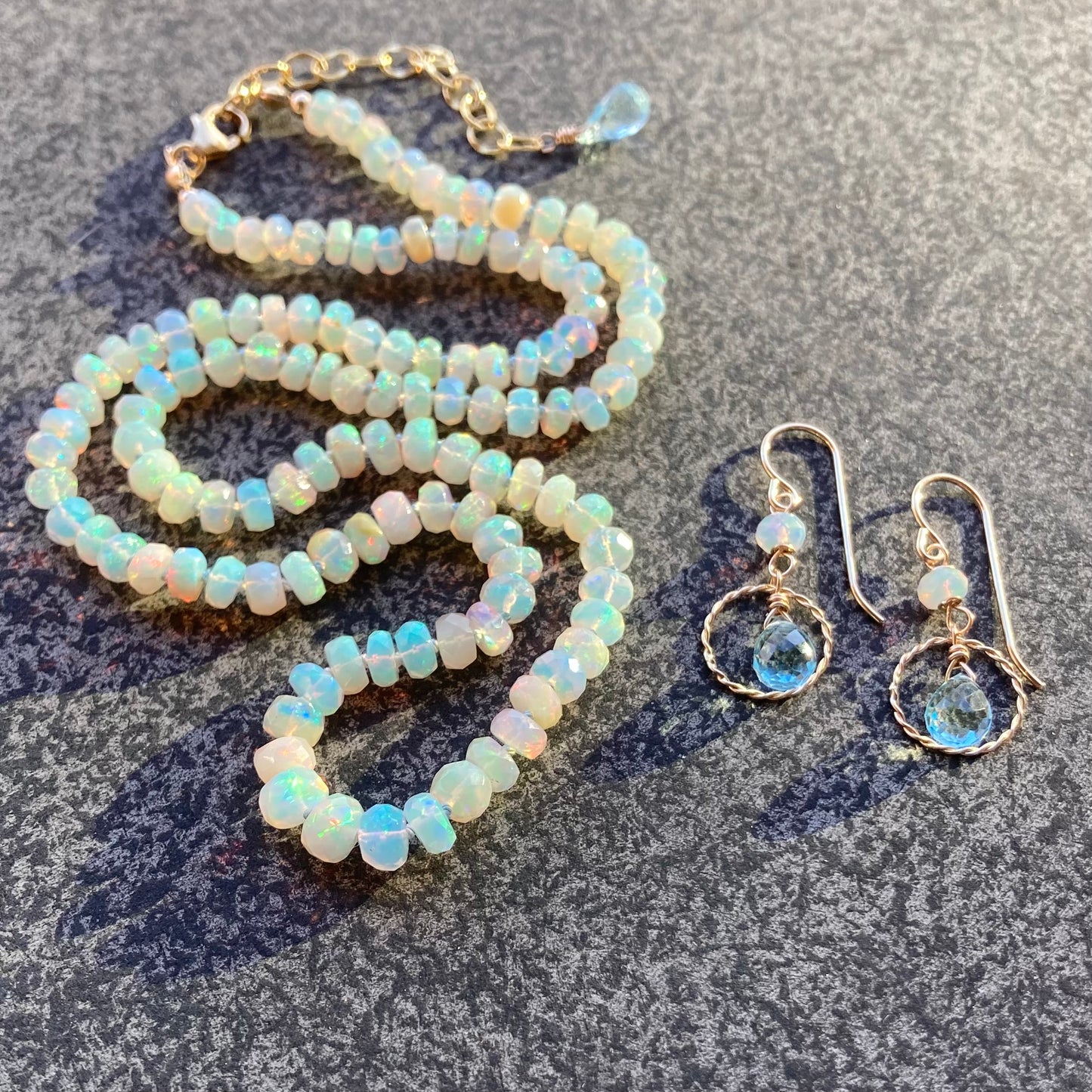 Blue Topaz, Ethiopian Opal & Gold Twisted Hoops