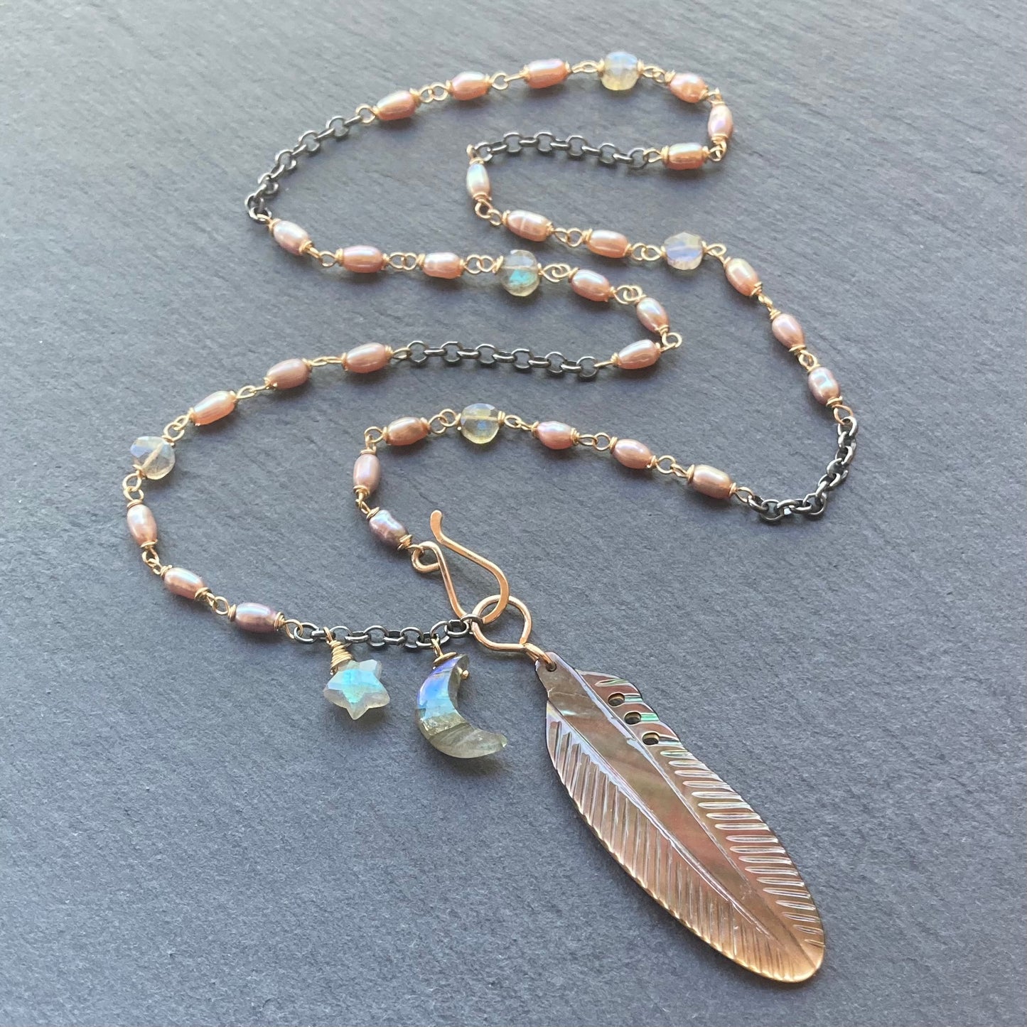 Black Mother of Pearl, Labradorite & Mixed Metal Crow Moon Necklace