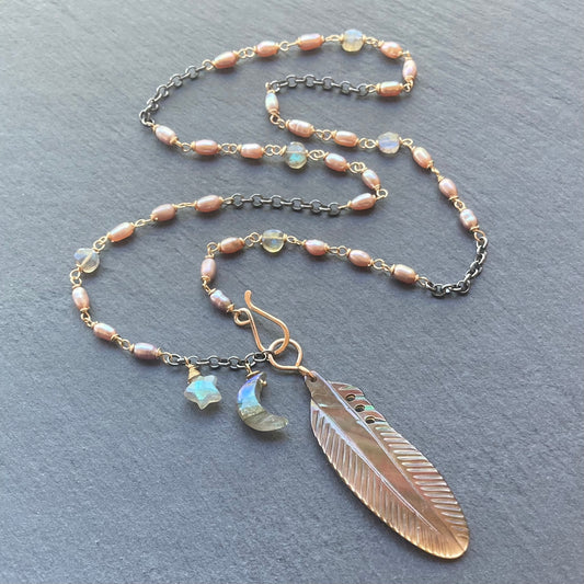 Black Mother of Pearl, Labradorite & Mixed Metal Crow Moon Necklace