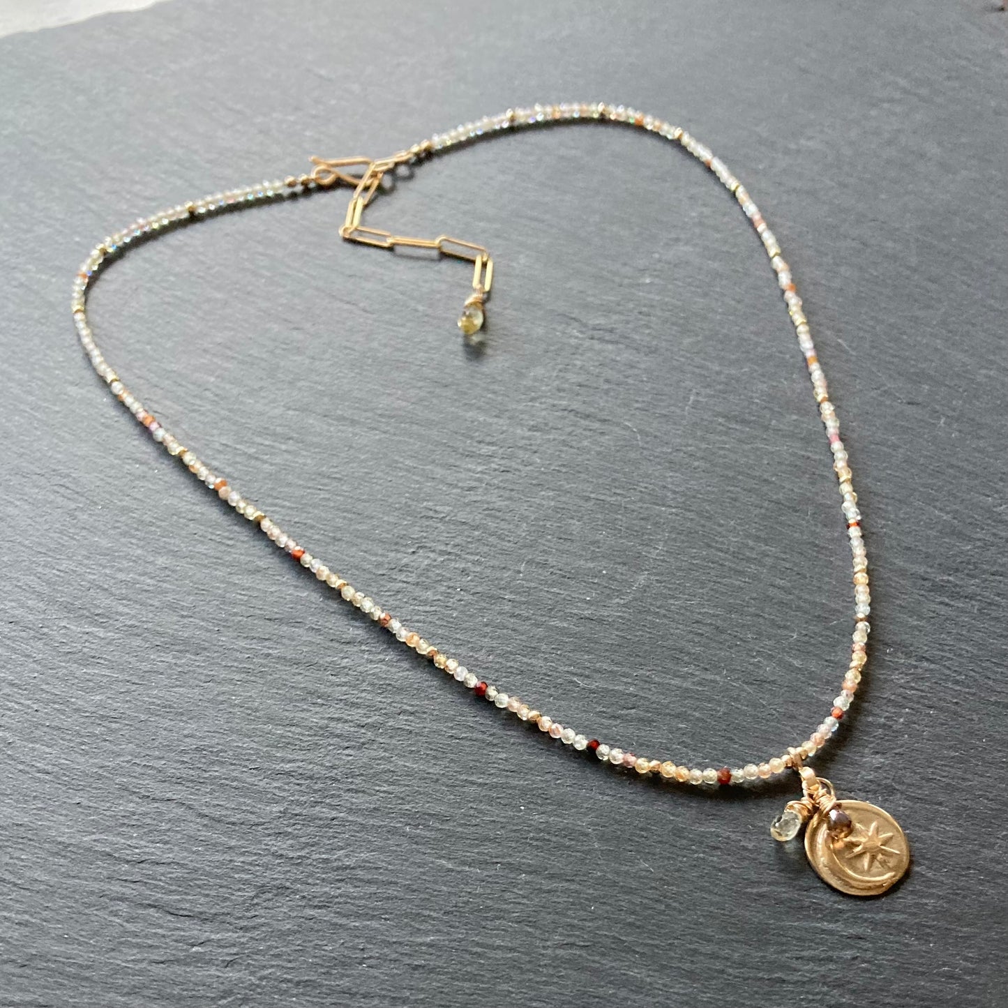 Natural Zircon, Gold & Bronze Moon Star Coin Choker