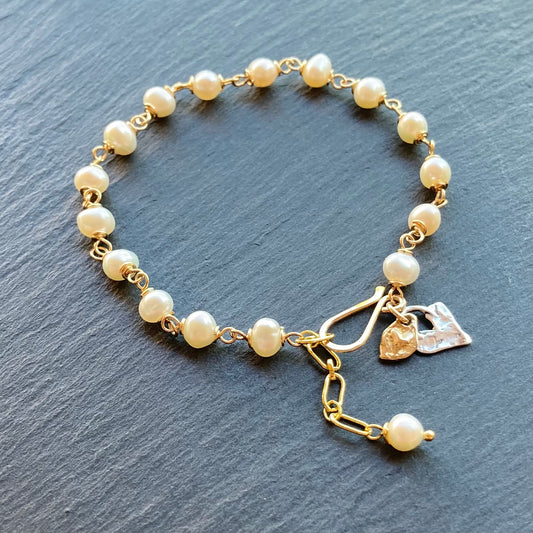 Freshwater Pearl, Gold & Mixed Metal Heart Charm Bracelet