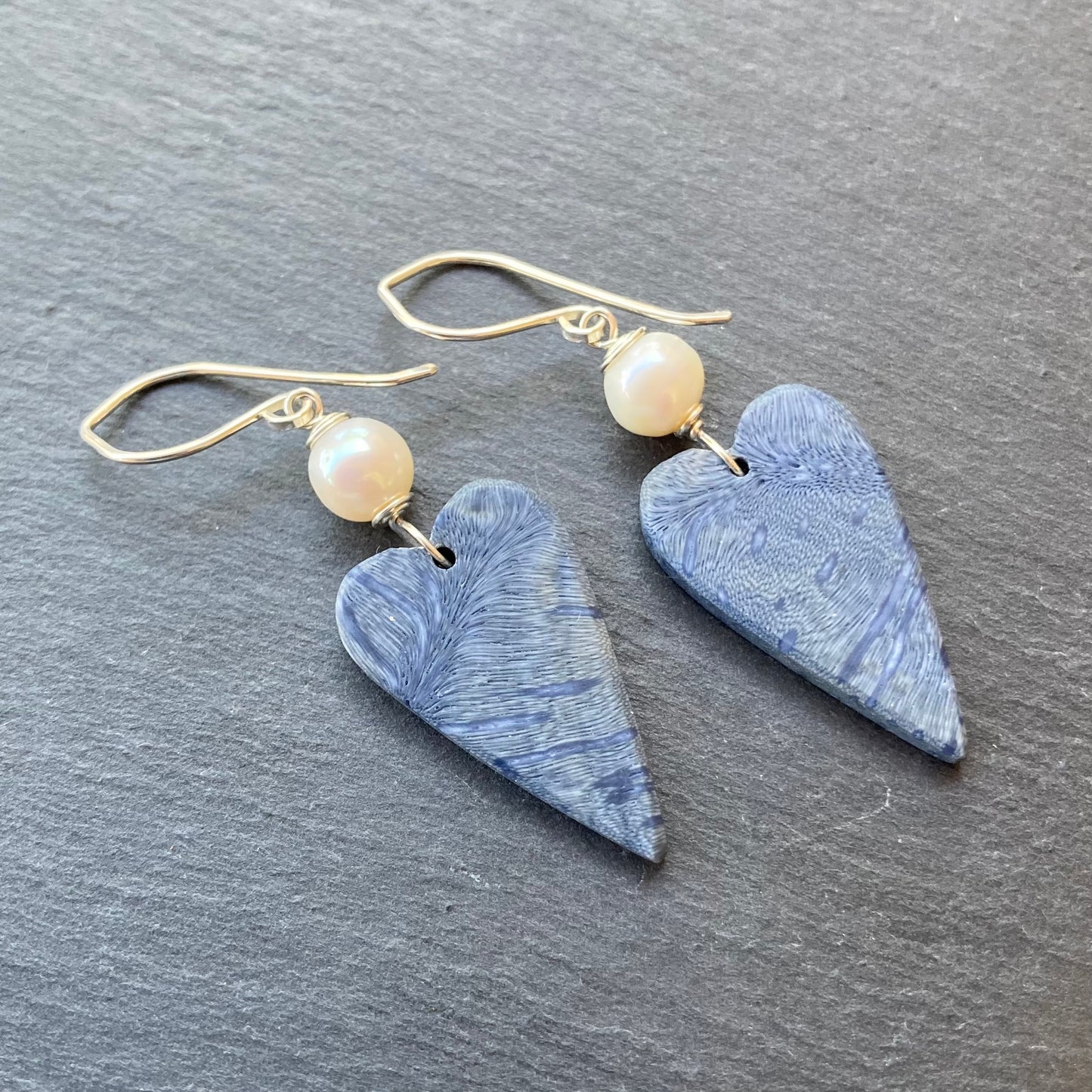 Freshwater Pearl, Sterling Silver & Blue Coral Heart Earrings
