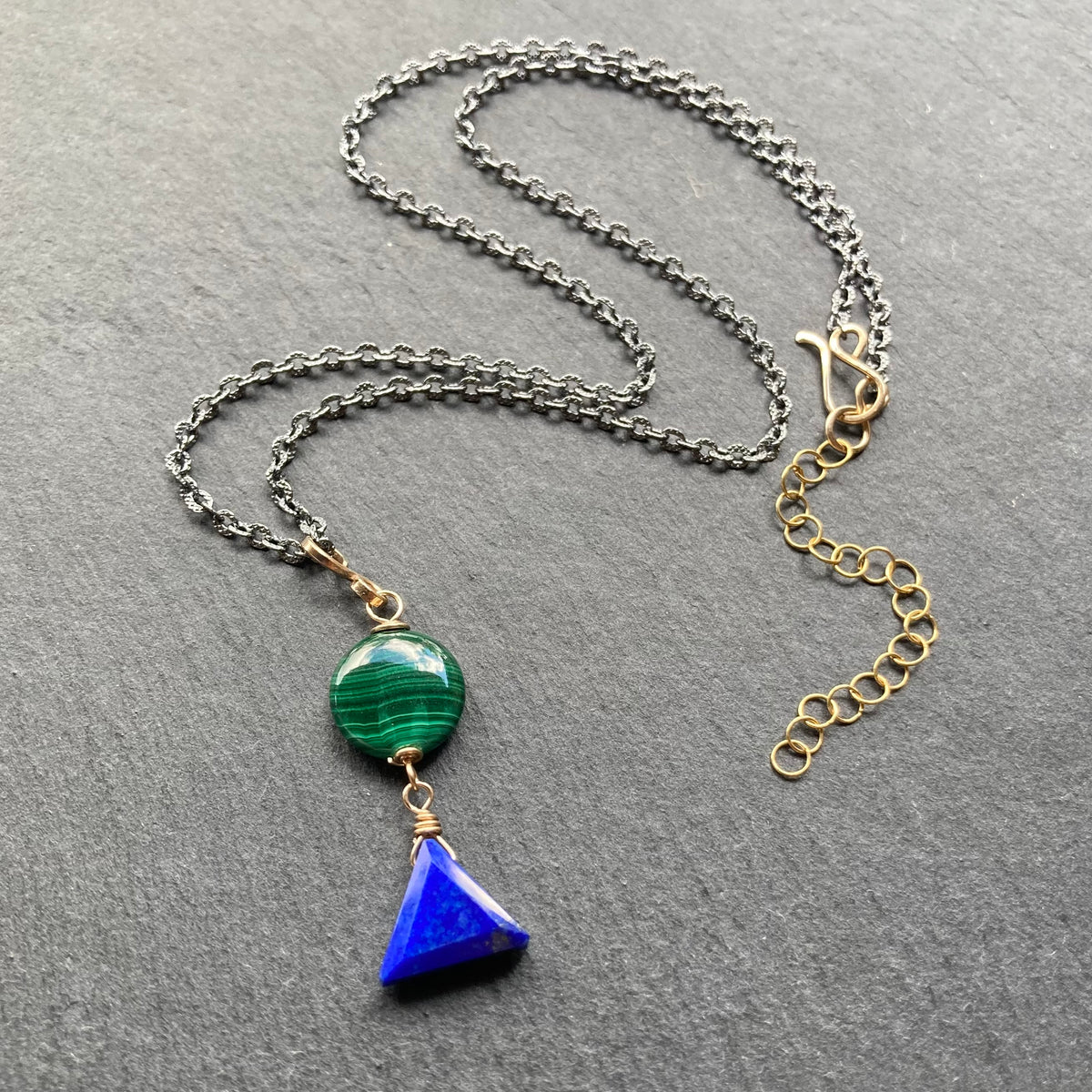 Lapis, Malachite & Mixed Metal Pendant Necklace