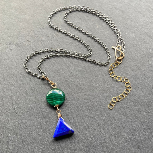 Lapis, Malachite & Mixed Metal Pendant Necklace