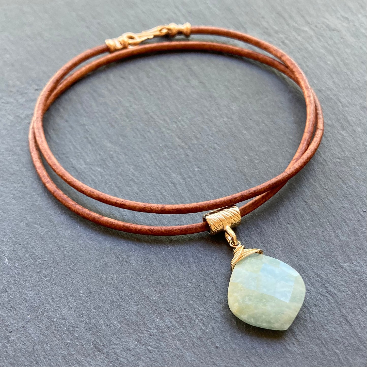 Aquamarine & Bronze Leather Choker