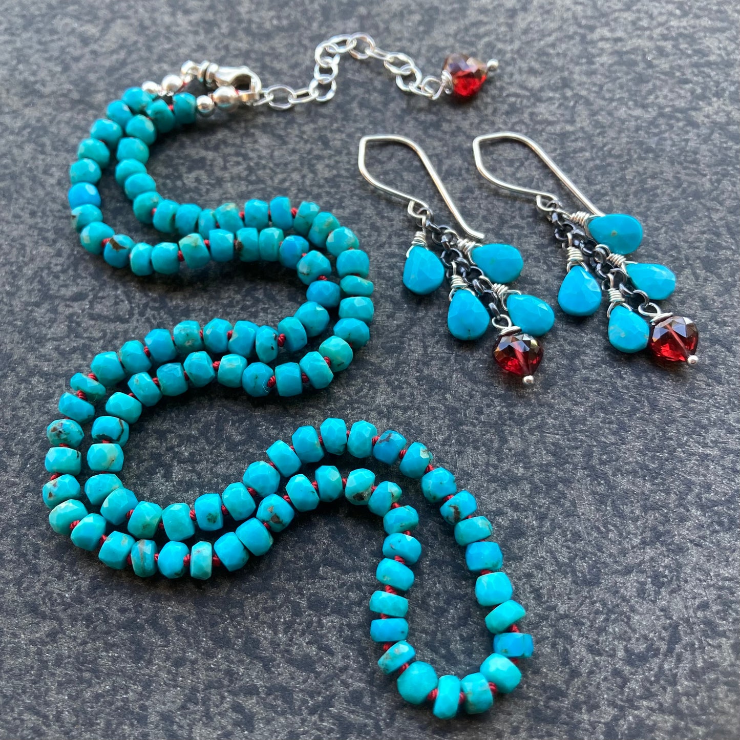 Sleeping Beauty Turquoise, Mozambique Garnet & Sterling Silver Cascade Earrings