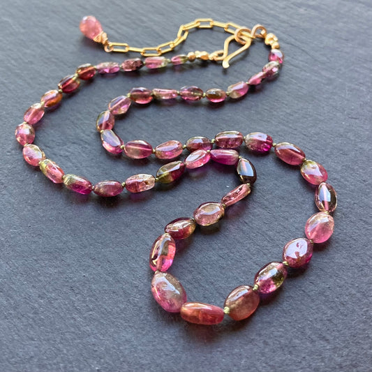 Watermelon Tourmaline Hand Knotted Silk Necklace