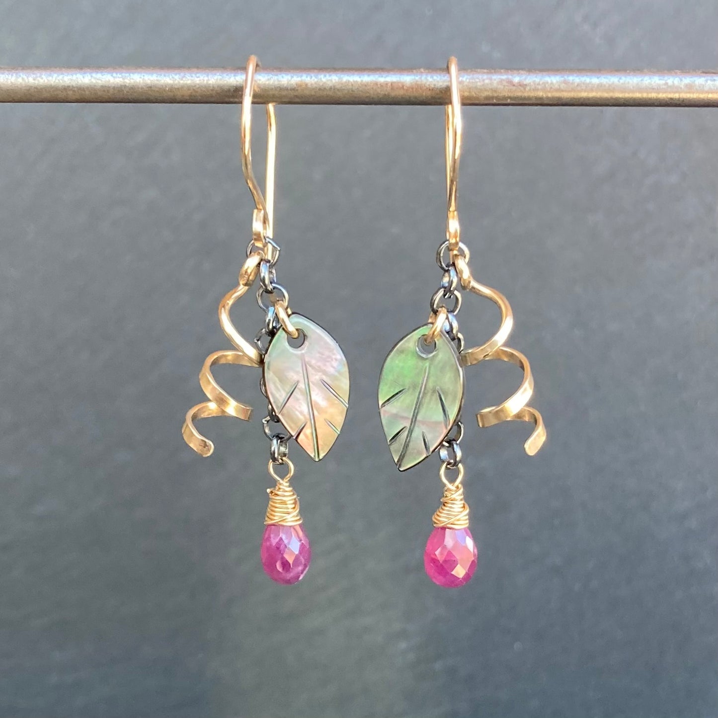 Black Mother of Pearl, Ruby & Mixed Metal Earrings