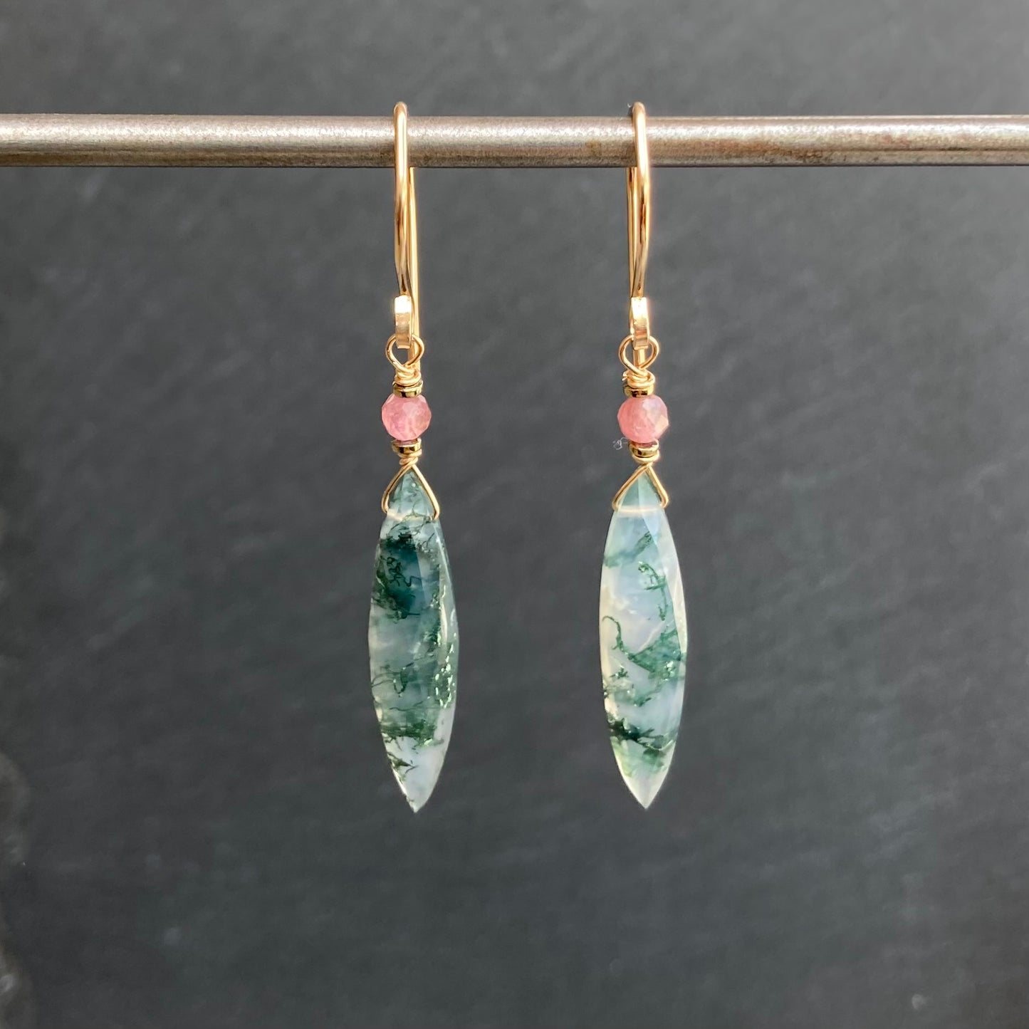Moss Agate & Gold Marquis Earrings