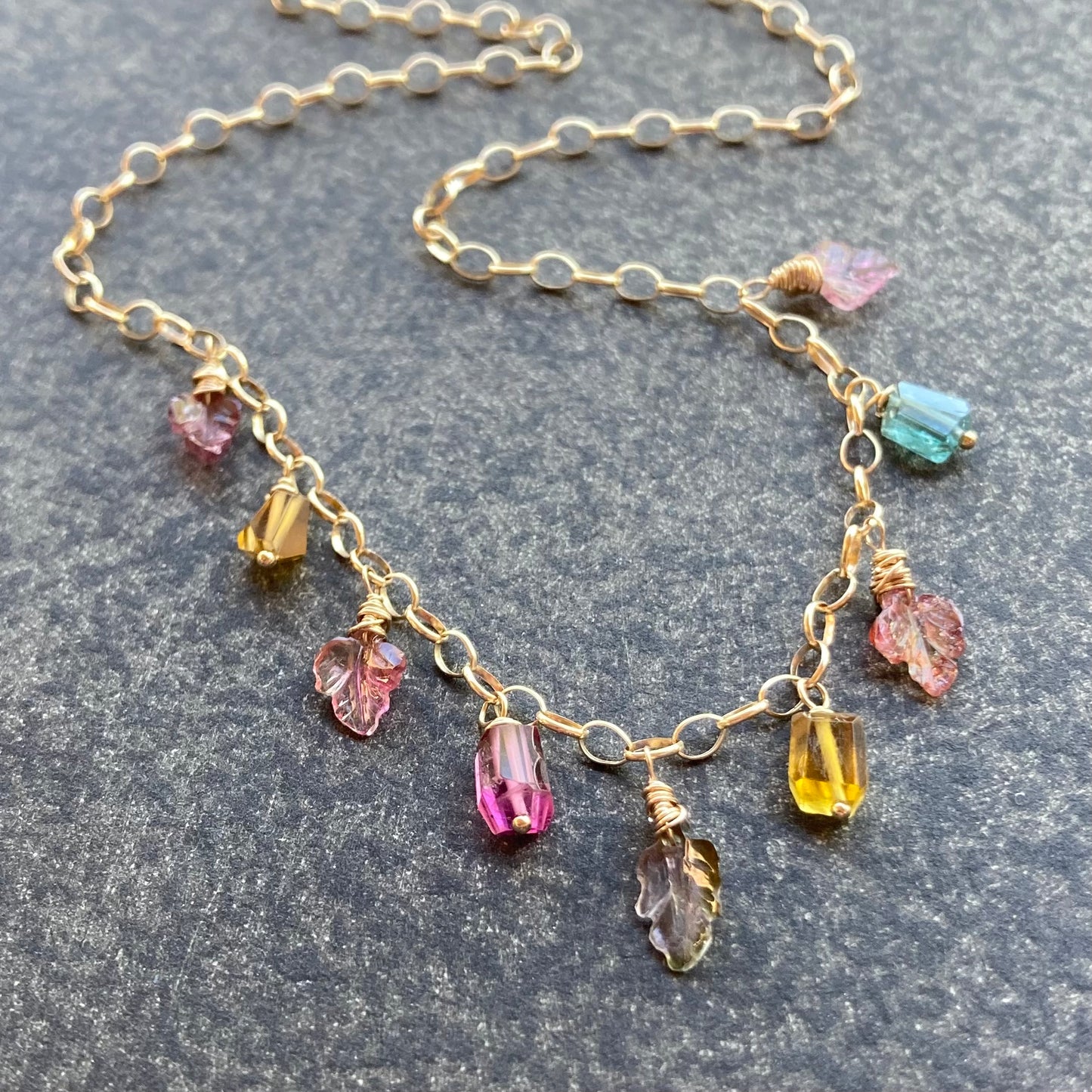 Multicolor Tourmaline & Gold Leaf Charm Choker