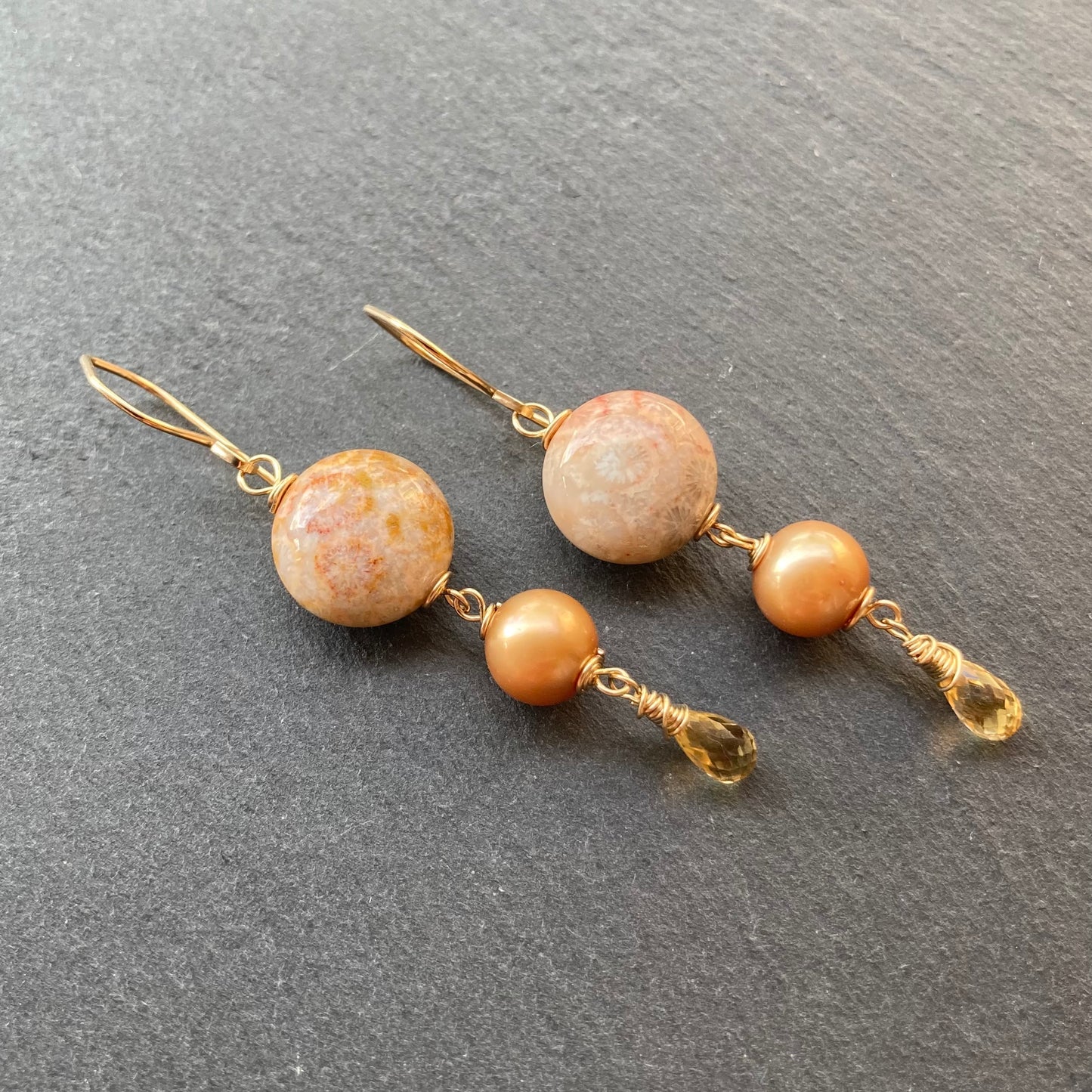 Fossil Coral, Champagne Pearl, Citrine & Gold Earrings