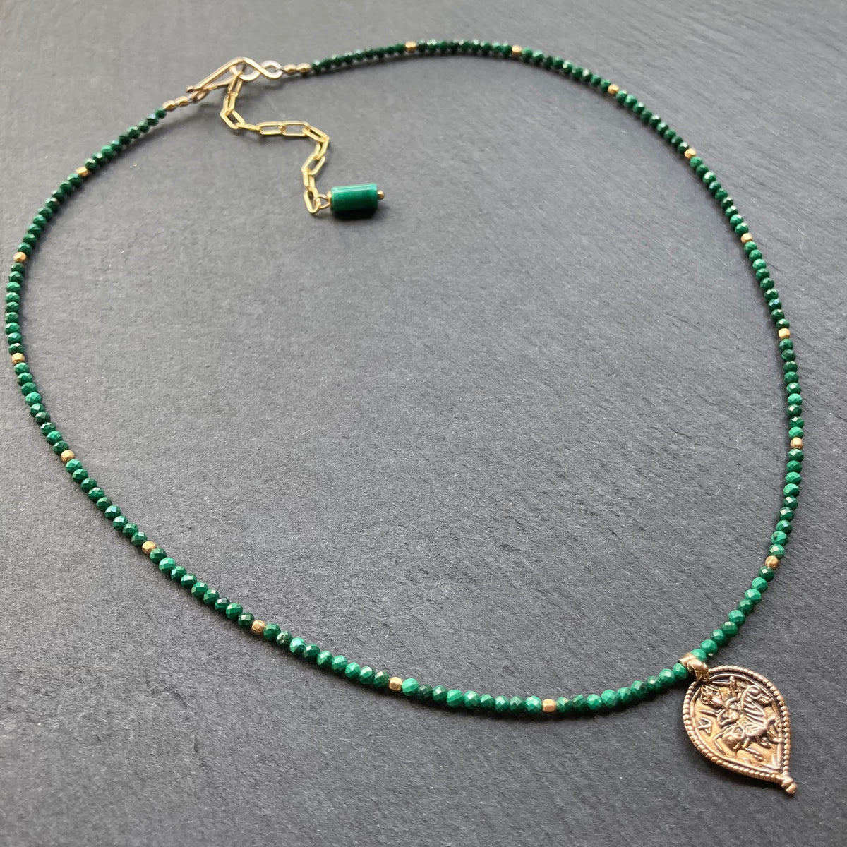 Malachite, Gold & Bronze Medieval Warrior Pendant Necklace