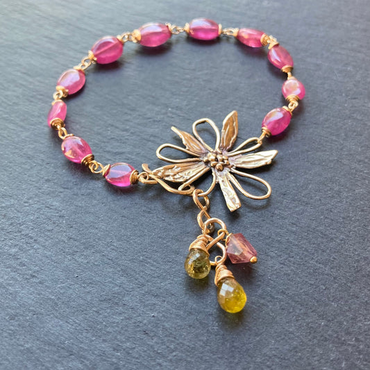 Pink Sapphire, Petro Tourmaline, Gold & Bronze Flower Link Bracelet