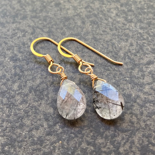 Black Rutilated Quartz & 14k Gold Earrings