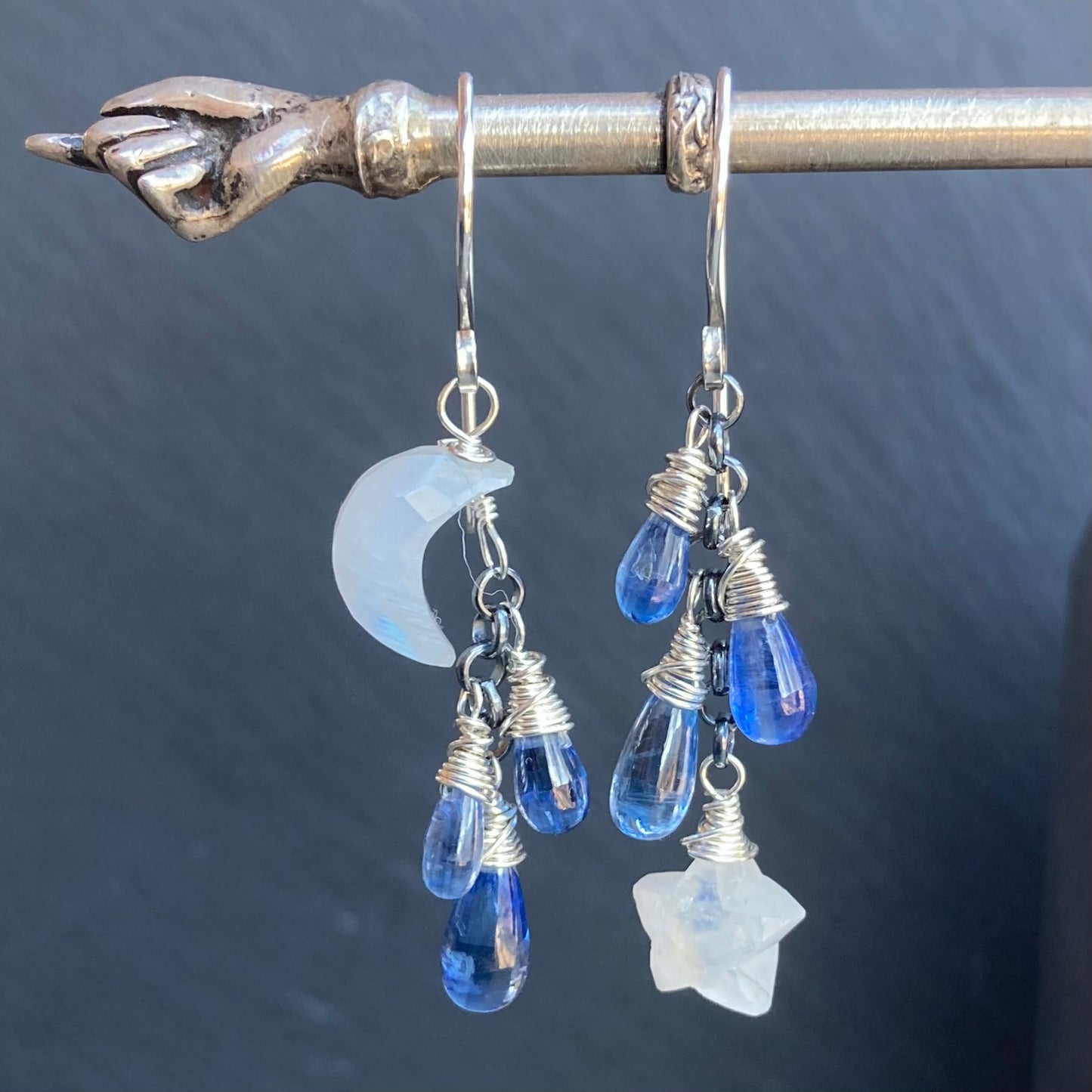 Rainbow Moonstone, Blue Kyanite & Sterling Silver Winter Solstice Earrings