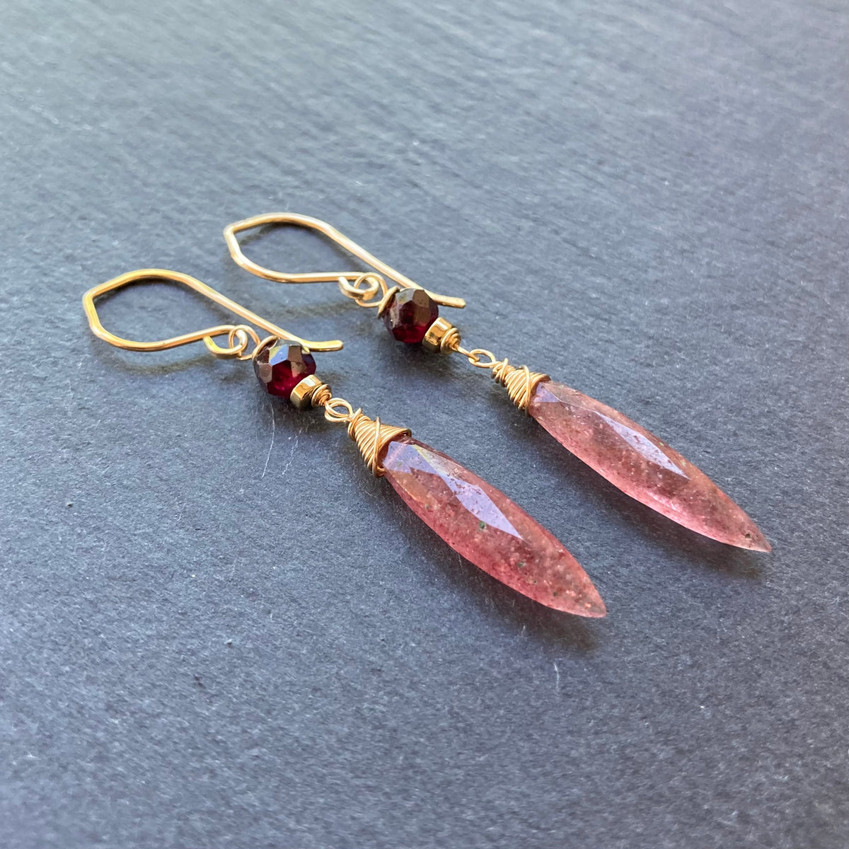 Strawberry Quartz, Rhodolite Garnet & Gold Earrings