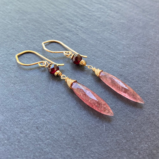Strawberry Quartz, Rhodolite Garnet & Gold Earrings
