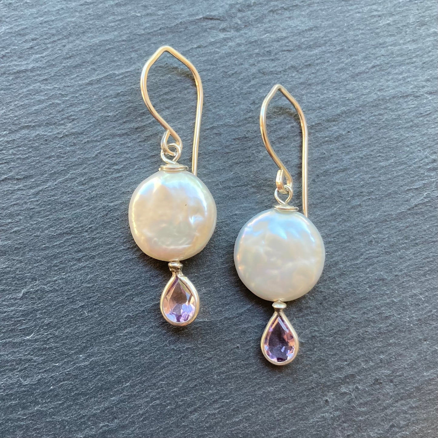 Freshwater Coin Pearl, Amethyst & Sterling Silver Earrings