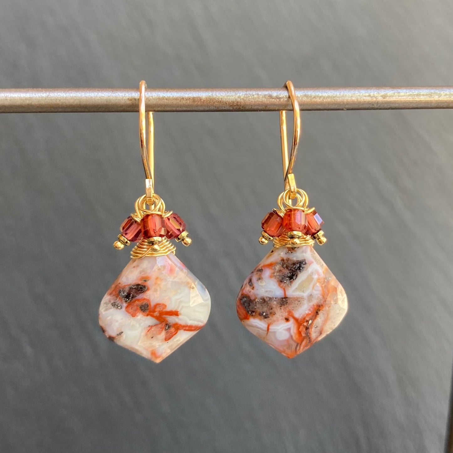 Crazy Lace Agate, Malaya Garnet & Gold Earrings